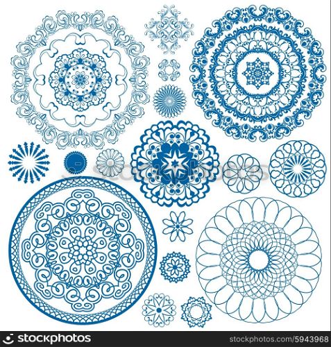 Set of blue floral circle patterns. Background in the style of Chinese painting on porcelain. Ornamental design elements.