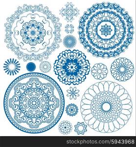 Set of blue floral circle patterns. Background in the style of Chinese painting on porcelain. Ornamental design elements.