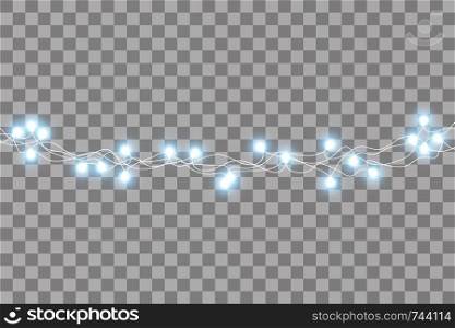 Set of blue garlands, festive decorations. Glowing christmas lights isolated on transparent background. Vector seamless horizontal objects.. Set of blue garlands, festive decorations. Glowing christmas lights isolated on transparent background. Vector seamless horizontal objects