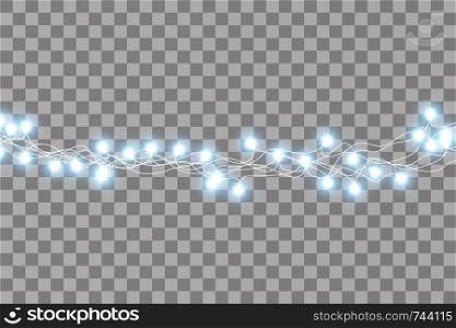 Set of blue garlands, festive decorations. Glowing christmas lights isolated on transparent background. Vector seamless horizontal objects.. Set of blue garlands, festive decorations. Glowing christmas lights isolated on transparent background. Vector seamless horizontal objects