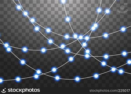 Set of blue garlands, festive decorations. Glowing christmas lights isolated on transparent background. Blue lights.. Set of blue garlands, festive decorations. Glowing christmas lights isolated on transparent background. Blue lights