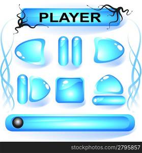Set of blue glass buttons for media player