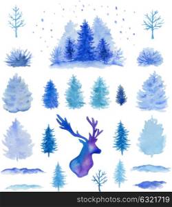 Set of blue hand drawn vector watercolor Christmas design elements on a white background.