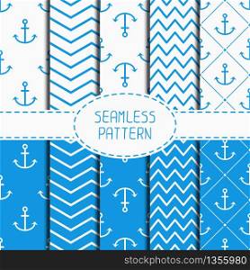 Set of blue marine geometric seamless pattern with anchor. Wrapping paper. Collection of paper for scrapbook. Vector background. Tiling. Stylish graphic texture for your design.. Set of blue marine geometric seamless pattern with anchor. Wrapping paper. Collection of paper for scrapbook. Vector background. Tiling. Stylish graphic texture for your design, wallpaper.