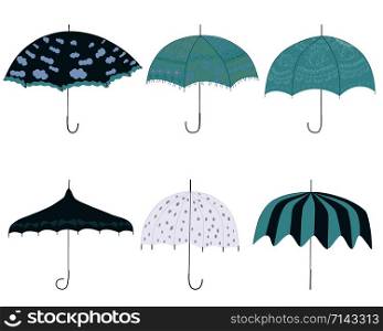 Set of blue retro style umbrellas. Vintage style patchwork colorful umbrellas. Vector Illustration.. Set of blue retro style umbrellas.