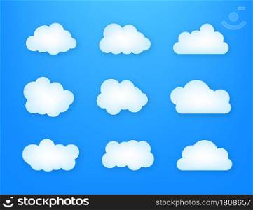 Set of blue sky, clouds. Cloud icon, cloud shape. Set of different clouds. Vector illustration. Set of blue sky, clouds. Cloud icon, cloud shape. Set of different clouds. Vector illustration.