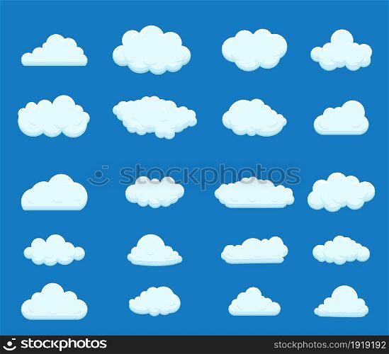 Set of blue sky, clouds. Cloud icon. Vector illustration. Vector illustration in flat style. Set of blue sky, clouds.