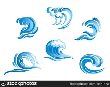 Set of blue surf ocean waves isolated on white background