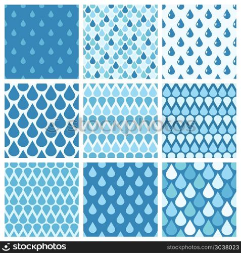 Set of blue vector water drops seamless patterns. Set of blue vector water drops seamless patterns. Rain backdrop illustration
