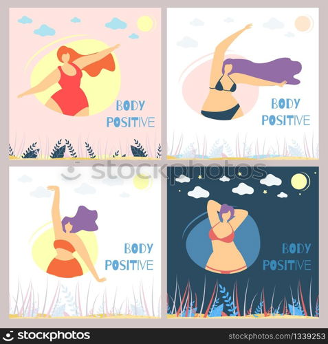 Set of Body Positive Motivational Woman Flat Card Template Plus Size Women in Bikini Isolated Posing Elegant in Rounds under Natural Landscape Vector Cartoon Doodle Illustration Modern Social Concept. Set of Body Positive Woman Flat Card Template