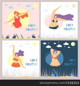 Set of Body Positive Motivational Woman Flat Card Template Plus Size Women in Bikini Isolated Posing Elegant in Rounds under Natural Landscape Vector Cartoon Doodle Illustration Modern Social Concept. Set of Body Positive Woman Flat Card Template