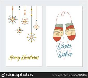 Set of Boho Christmas greeting cards. Hand drawn vector illustrations in boho style. Mittens, snowflakes and lettering. New Year 2022. Christmas greeting cards set. Vector illustration in boho style.