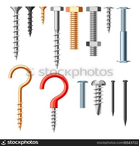 Set of bolts nuts nails.. Set of bolts nuts nails. Various iron screws collection.