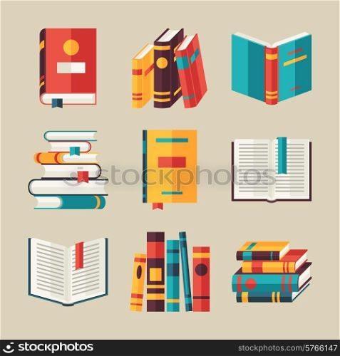Set of book icons in flat design style.