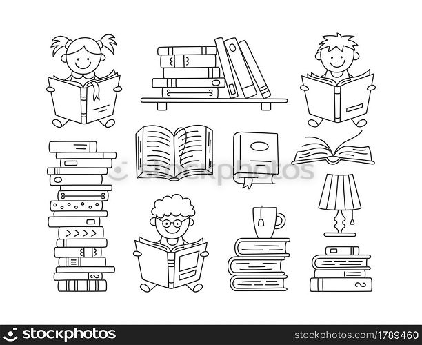 Set of books and reading children. Hand drawn small kids holding open books and reading. Set of vector illustrations isolated on white background in doodle style. Editable stroke.. Set of books and reading children. Hand drawn small kids holding open books and reading. Set of vector illustrations isolated on white background in doodle style. Editable stroke