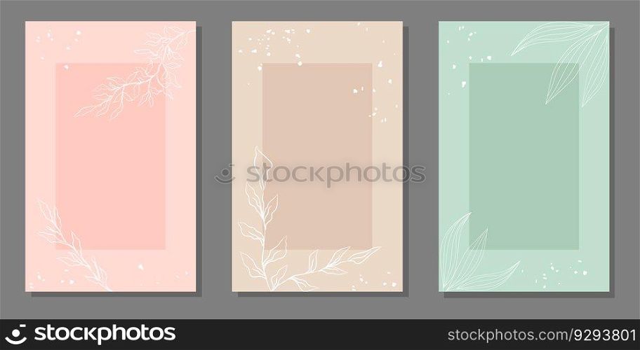 Set of botanical templates in pastel colors with hand drawn botanical elements. For posters, postcards, invitation, cover, social media post