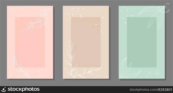 Set of botanical templates in pastel colors with hand drawn botanical elements. For posters, postcards, invitation, cover, social media post