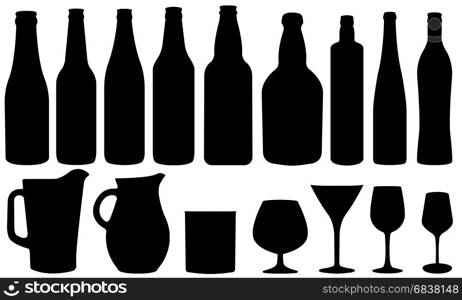 set of bottles and glasses isolated