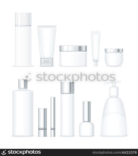 Set of bottles for cosmetics isolated. Large collection of cosmetics shampoo, soap and cream in empty bottles and tubes isolated on white background. Cream and lotion product. Vector illustration