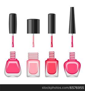 Set of bottles with nail polish. Various lacquer ads for manicure.. Set of bottles with nail polish.