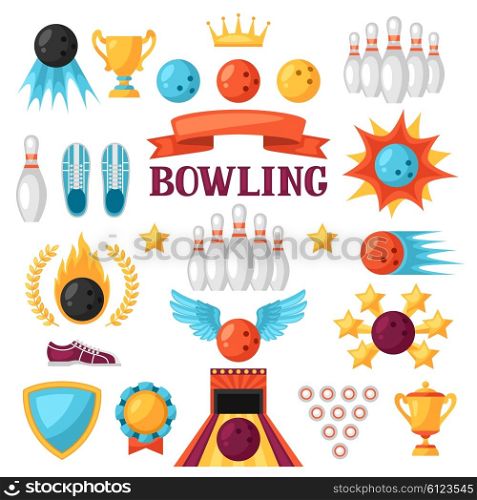 Set of bowling game items. Objects for decoration, design on advertising booklets, banners, flayers.