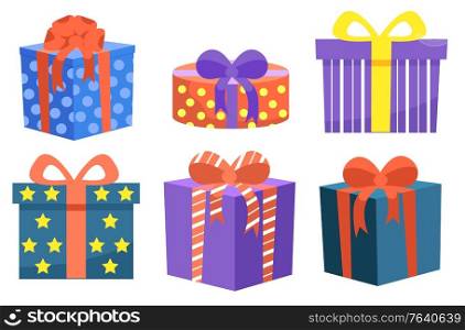 Set of boxes decorated with wrapping paper and ribbon bow on top. Isolated icons of gifts for special occasion and holidays celebrations. Squared and rounded shape of packages. Vector in flat. Set of Gifts Decorated with Bows Ribbon Vector