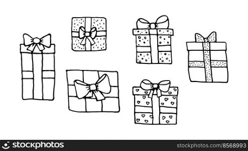 Set of boxes hand-drawn Valentine’s, birthday or christmas gifts. The box is tied with a bow. Gift wrapping. Vector