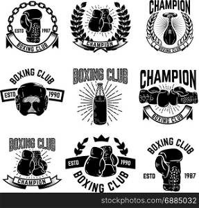 Set of boxing club emblems. boxing gloves. Design elements for logo, label, emblem, sign. Vector illustration