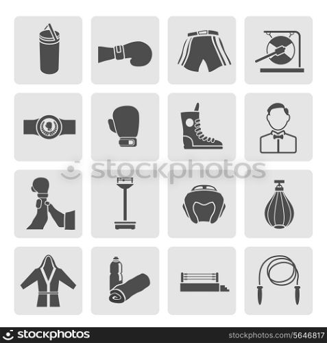 Set of boxing winner referee equipment weights icons in gray color on grey squares vector illustration