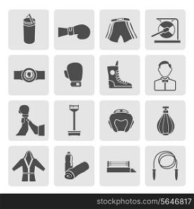 Set of boxing winner referee equipment weights icons in gray color on grey squares vector illustration
