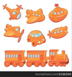 Set of boys toys - transport cartoons - train, car, plane, ship, helicopter, submarine