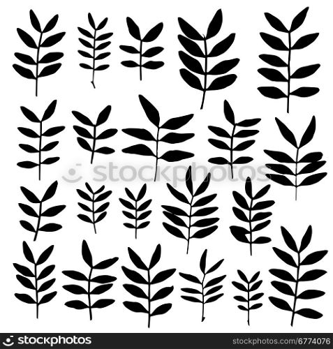 Set of branch silhouettes with leaves.