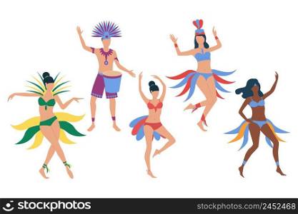 Set of Brazilian carnival dancers. Girls in bikini dancing samba, man in costume playing drum. Show concept. Vector illustration can be used for topics like festival, samba, Rio. Set of Brazilian carnival dancers