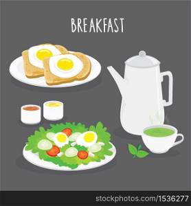 Set of Breakfast, bread, fried egg, salad and green tea. Cartoon Vector illustration