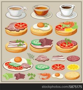 Set of breakfasts - fried eggs, sandwiches, tea, coffee. Components of breakfasts. Elements. Snack. Vector illustration