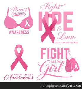 Set of Breast cancer awareness pink card. Fight like the Girl. Vector illustration. For poster, flyer or banner. Breast Cancer Awareness design.. Set of Breast cancer awareness pink card.