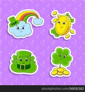 Set of bright color stickers for kids. St. Patrick’s day. Cute cartoon characters. Vector illustration isolated on color background.
