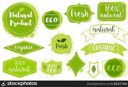 Set of bright green hand draw labels, badges and emblems for organic, natural, eco and bio products isolated on white background. Vector illustration.
