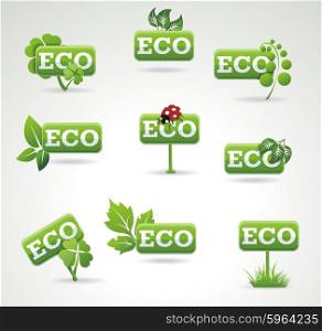 Set of bright green labels with leaves for organic, natural, eco or bio products isolated on white background.