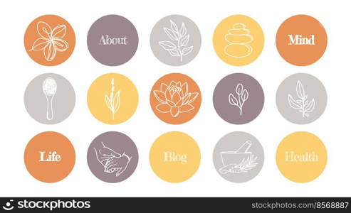 Set of bright icons of highlights for social networks. of icons for a blog about cosmetics, medicine and mental health.