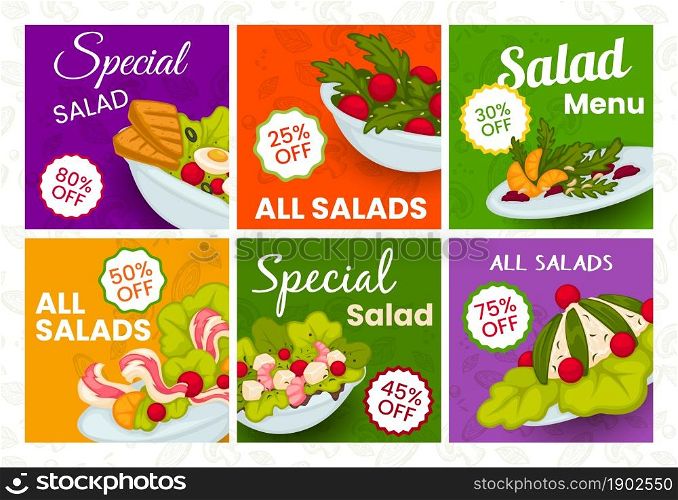 Set of bright posters for advertising the salad menu. Collection of flat banners offering discounts on a dish. Delicious healthy snack, vector illustration. Appetizing restaurant recipe. Set of bright posters for advertising salad menu.