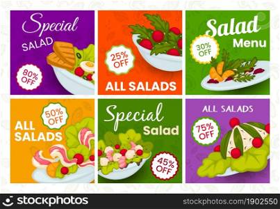 Set of bright posters for advertising the salad menu. Collection of flat banners offering discounts on a dish. Delicious healthy snack, vector illustration. Appetizing restaurant recipe. Set of bright posters for advertising salad menu.