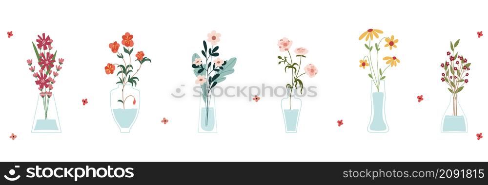 Set of bright spring blooming flowers in vases and bottles isolated on a white background. A bunch of bouquets. Set of decorative floral design elements. Cartoon flat vector illustration.. Set of bright spring flowers in vases and bottles isolated on a white background. Cartoon flat vector illustration.