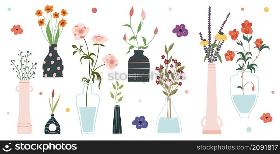 Set of bright spring blooming flowers in vases and bottles isolated on a white background. A bunch of bouquets. Set of decorative floral design elements. Cartoon flat vector illustration.. Set of bright spring flowers in vases and bottles isolated on a white background. Cartoon flat vector illustration.