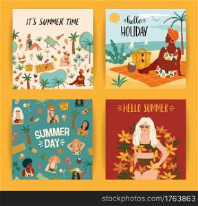 Set of bright summer illustrations with cute women. Summer holliday, vacation, travel. Vector templates for card, poster, flyer, banner and other use. Set of bright summer illustrations with cute women. Summer holliday, vacation, travel. Vector templates