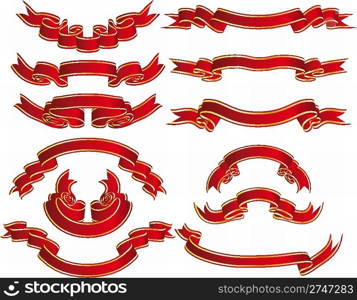 Set of brightly red ribbons with golden lines