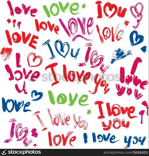 Set of brush strokes and scribbles in heart shapes and words LOVE, I LOVE YOU - sketch elements for Valentines Day design.