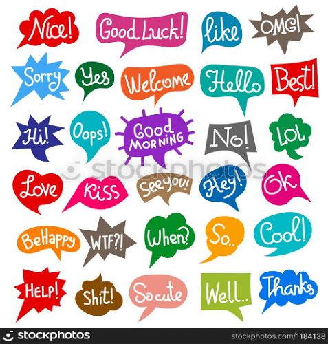 set of bubbles speech with short message, phrases text colorful chat stickers. colorful chat stickers