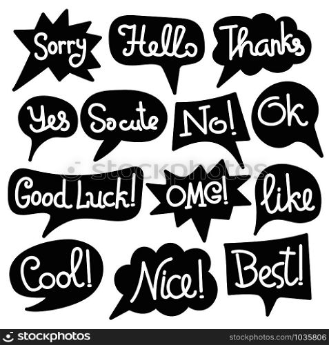 set of bubbles speech with short message, text black outlines chat stickers. bubbles speech