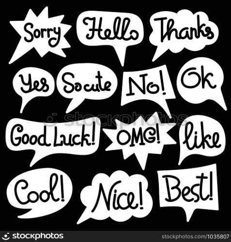 set of bubbles speech with short message, text black outlines chat stickers. bubbles speech